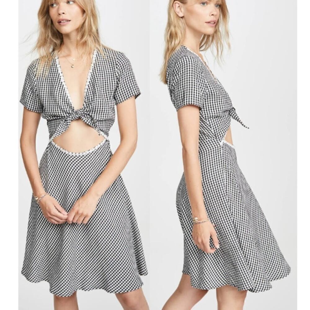 NEW SOLID AND STRIPED BLACK WHITE GINGHAM PRINT CUTOUT KNEE LENGTH DRESS MEDIUM